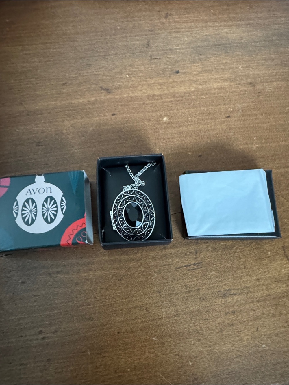 Avon Silver-Tone Black Oval Filigree Locket Pendant Necklace